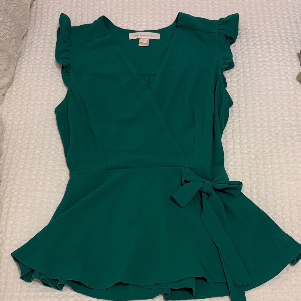 Green Wrap Peplum Blouse with Ruffle Sleeves